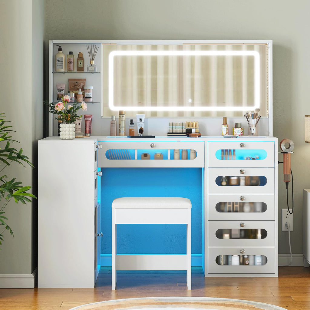 White Makeup Vanity with Mirror and Lights, 8 Drawers and Stool C23521