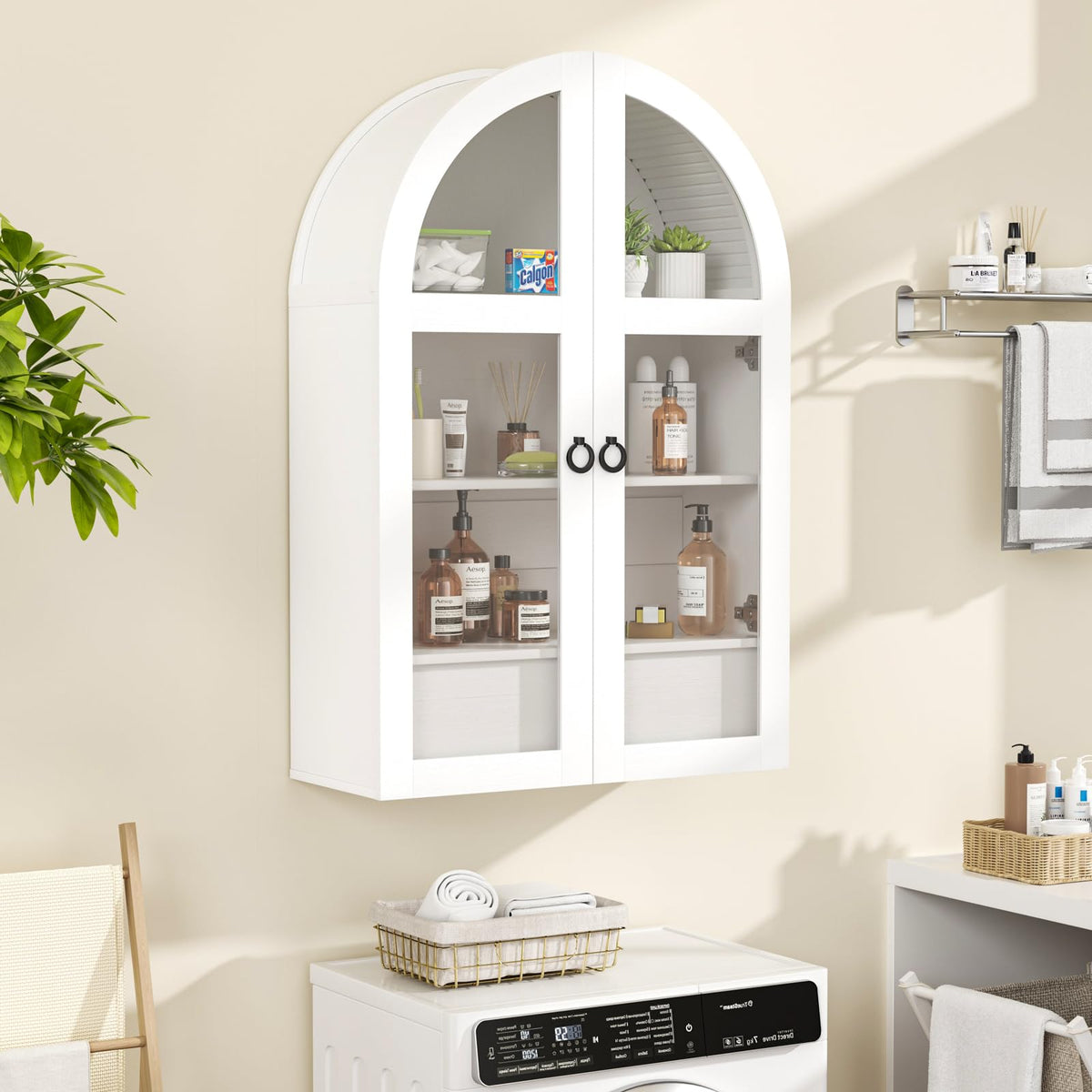 White Arched Bathroom Wall Cabinet with Tempered Glass Door and Adjustable Shelf F137