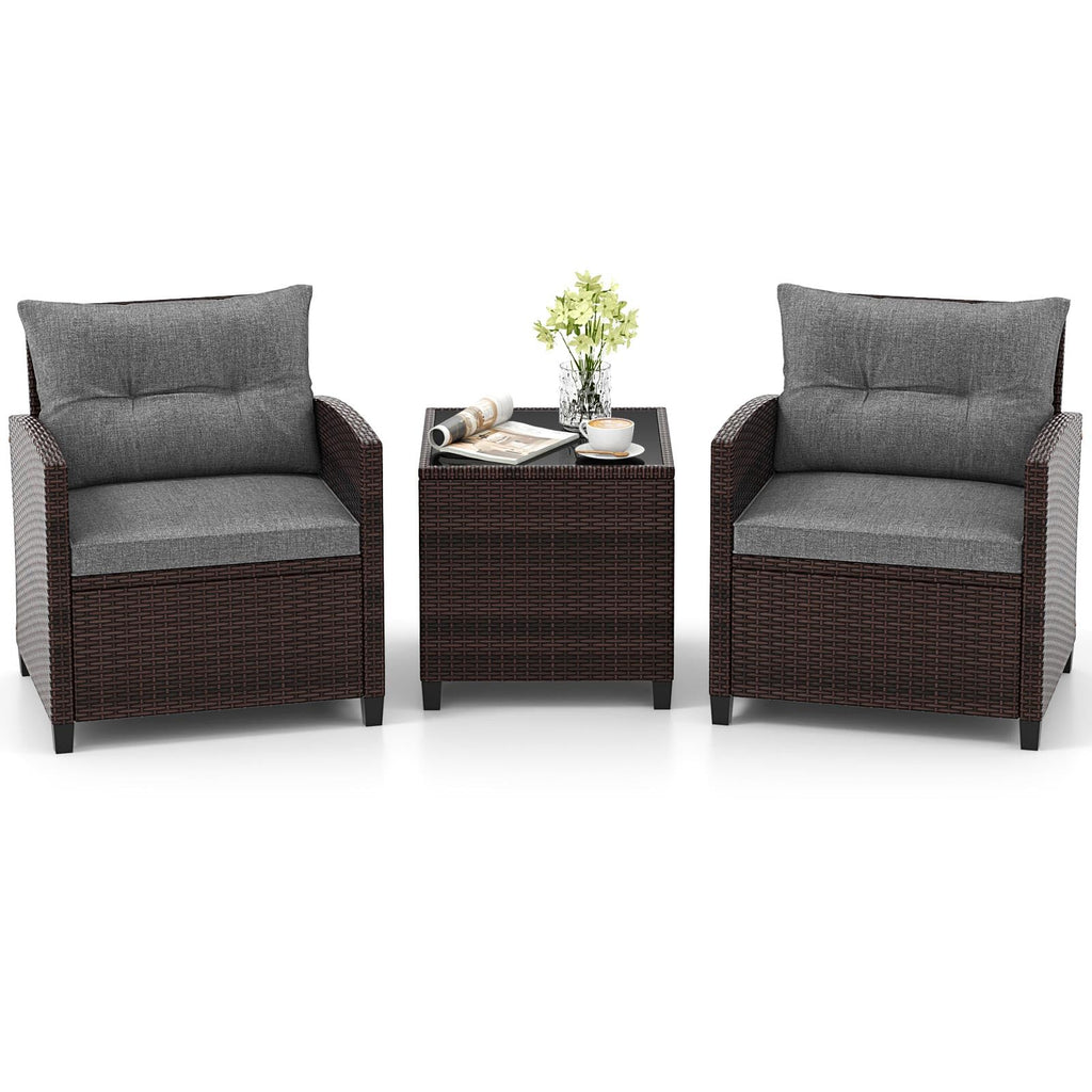 3 Pieces PE Rattan Wicker Outdoor Sofa Set with Cushion and Tempered Glass Tabletop W747