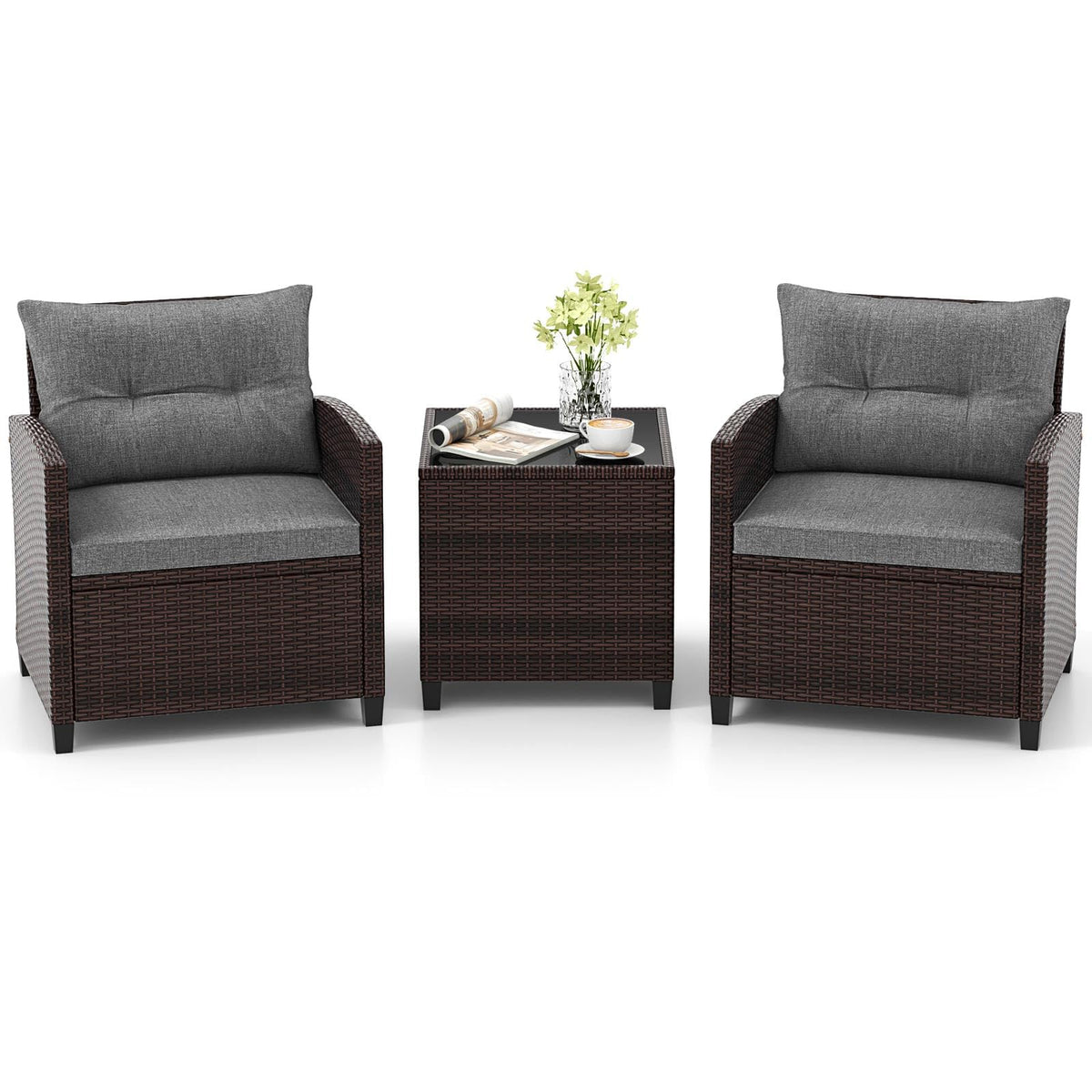 3 Pieces PE Rattan Wicker Outdoor Sofa Set with Cushion and Tempered Glass Tabletop W747