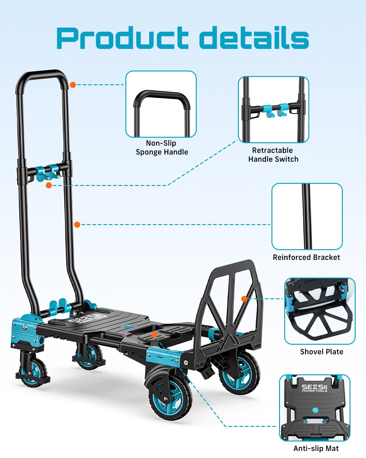 2-in-1 Folding Hand Truck, 330lb Dolly Cart with Wheels, Blue Z411