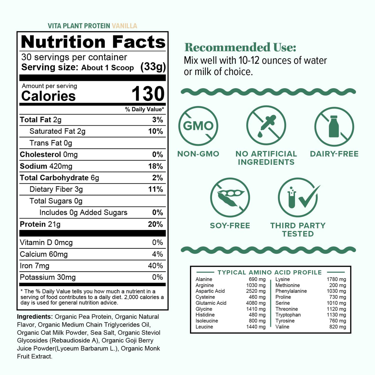 Plant Based Vegan Protein Powder with BCAAs & MCTs, Vanilla, 30 Servings K252