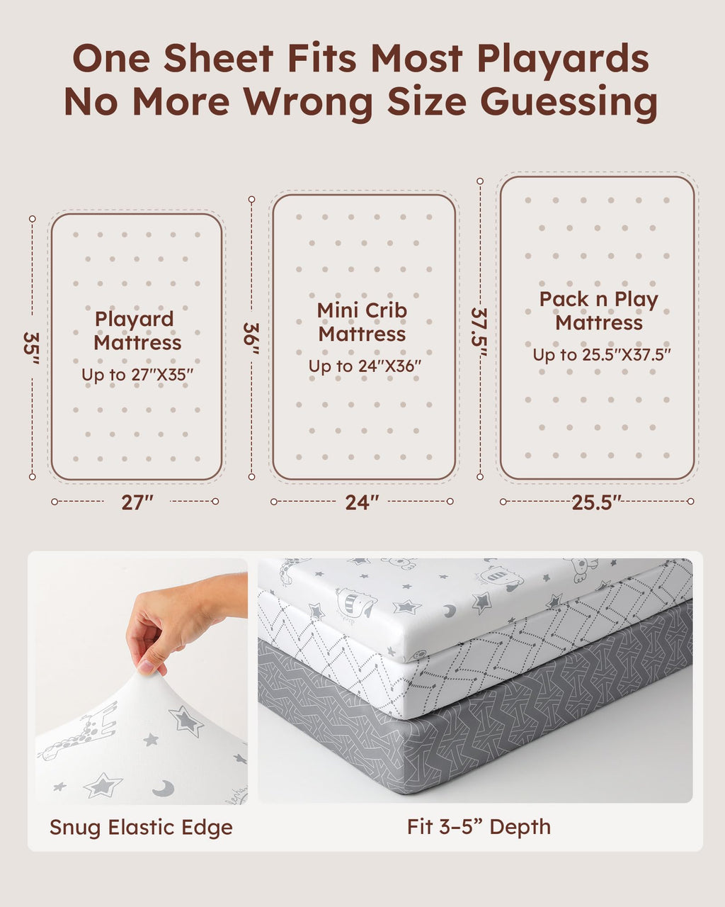 Baby Pack and Play Sheets Fitted 38x26 White Dark Gray U2073