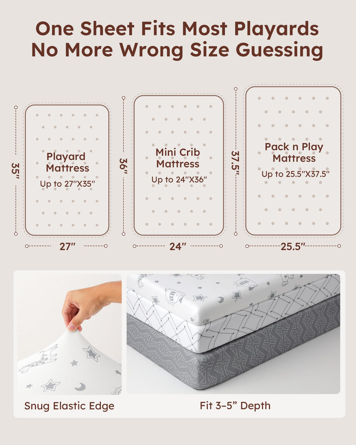 Baby Pack and Play Sheets Fitted 38x26 White Dark Gray U2073