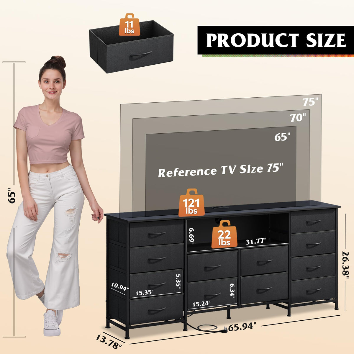 Black 12 Drawer LED Dresser TV Stand N686