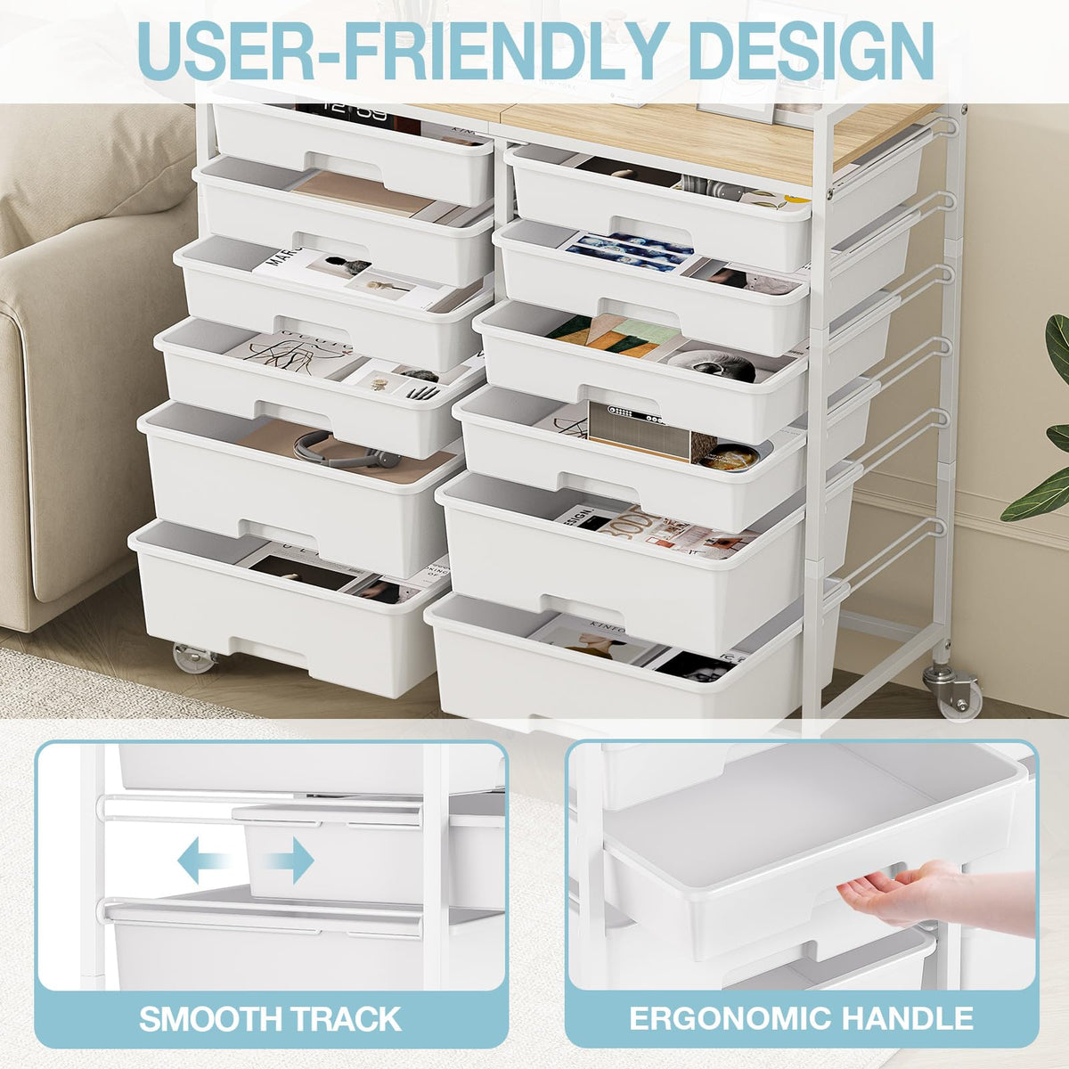 White 12 Drawers Rolling Storage Cart with Wooden Top Z715739