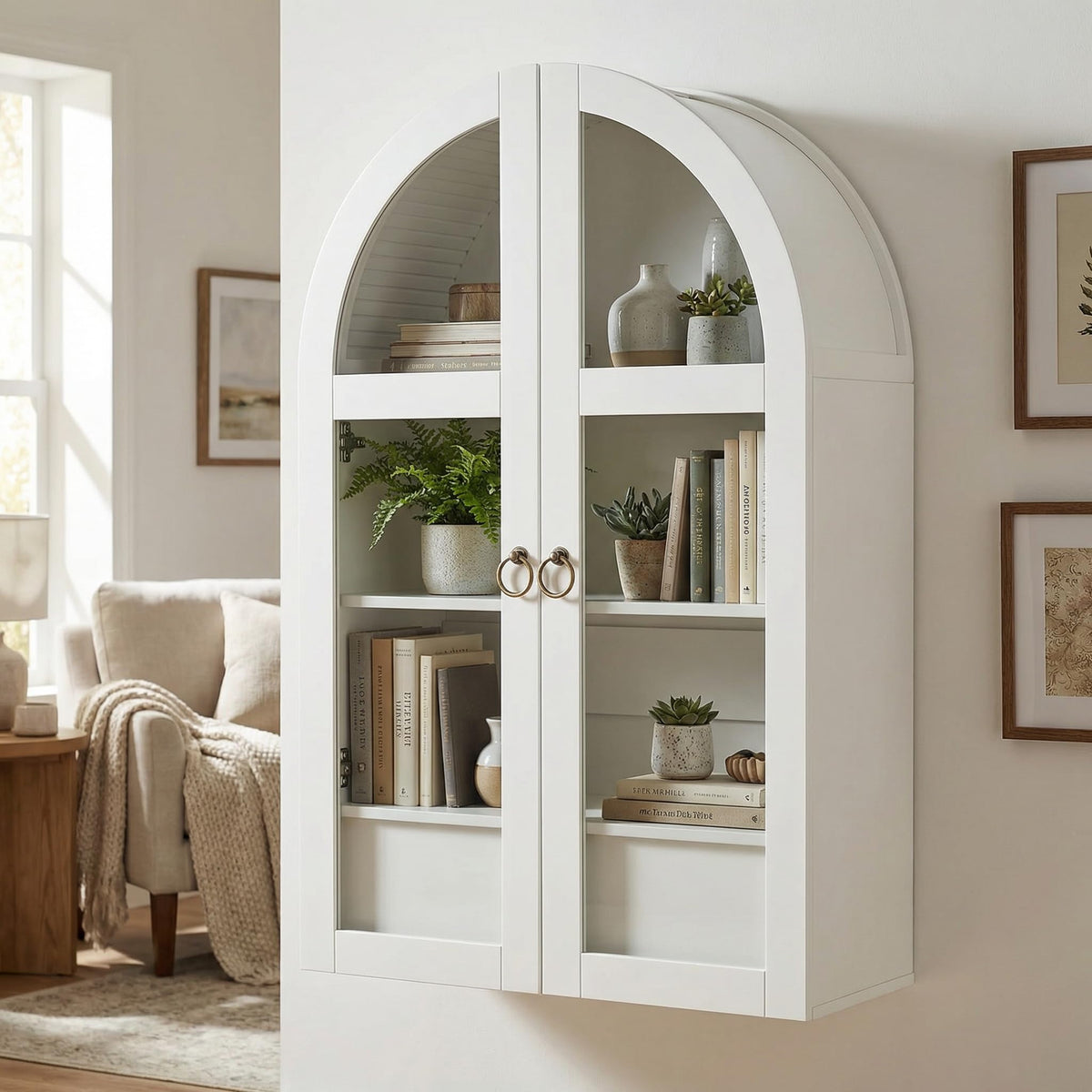 White Arched Bathroom Wall Cabinet with Tempered Glass Door and Adjustable Shelf F137