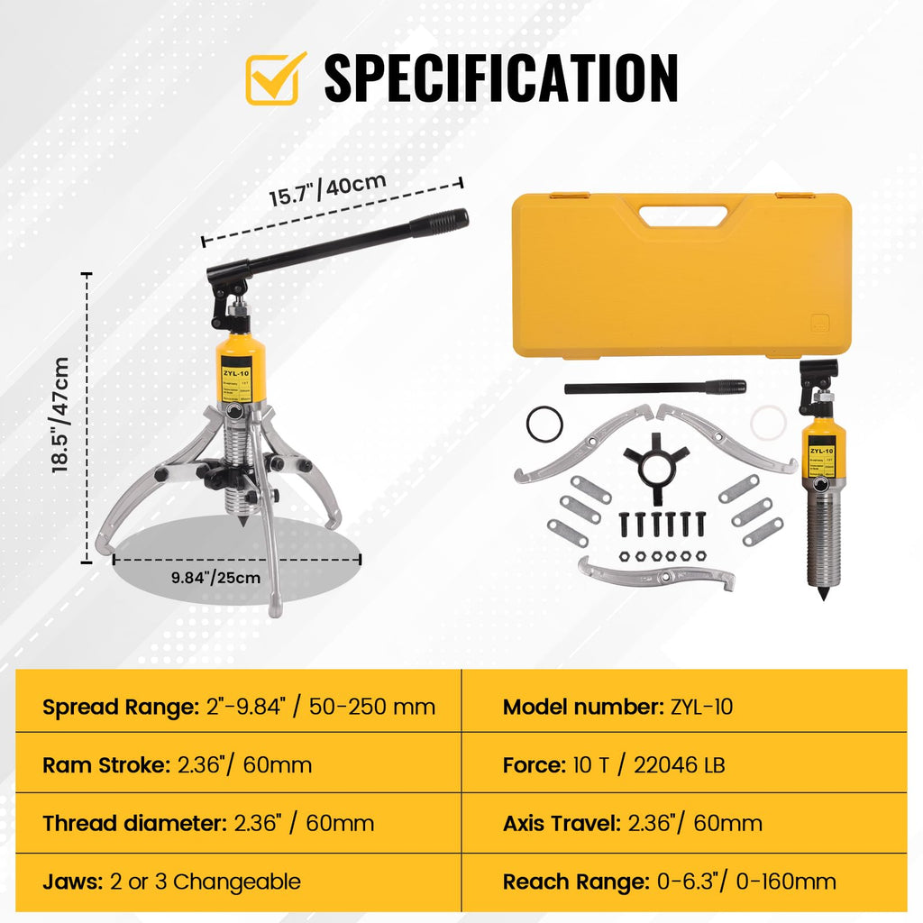 Hydraulic Gear Puller 10 Ton 2 or 3 Jaws with Case D44228