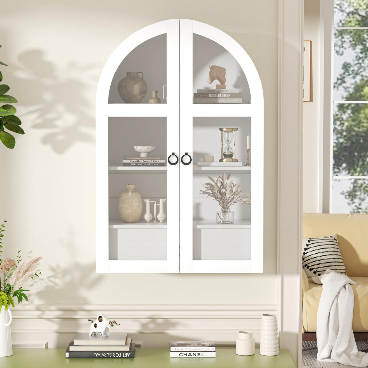 White Arched Bathroom Wall Cabinet with Tempered Glass Door and Adjustable Shelf F137