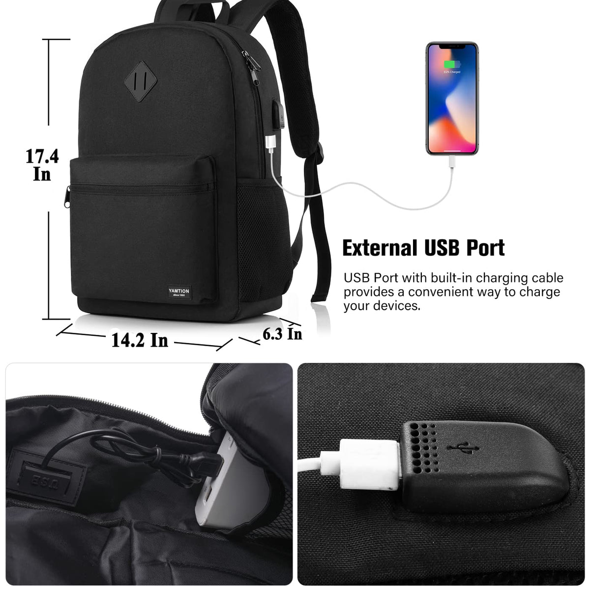 Black 15.6 Inch Laptop Backpack with USB Charger J15935