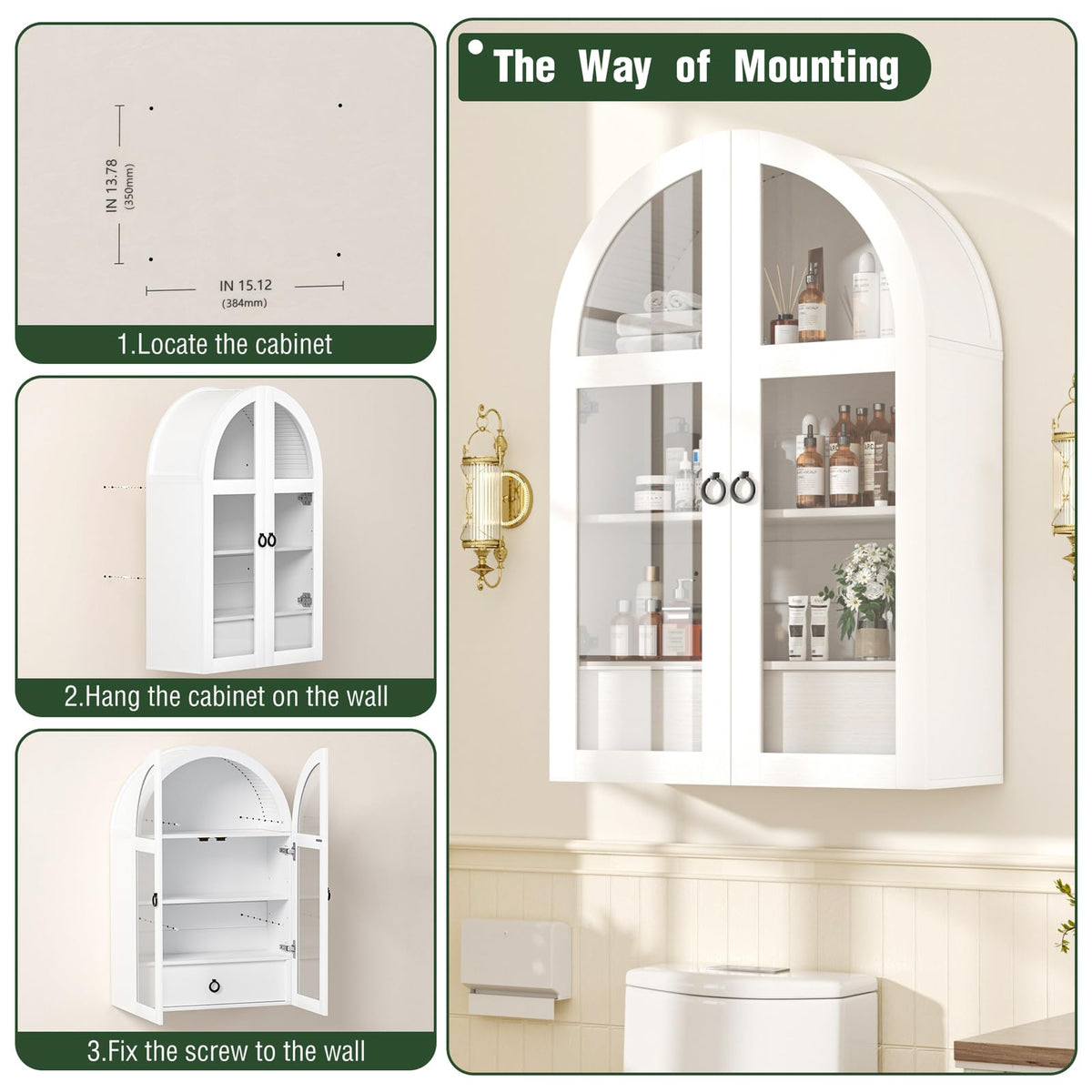 White Arched Bathroom Wall Cabinet with Tempered Glass Door and Adjustable Shelf F137