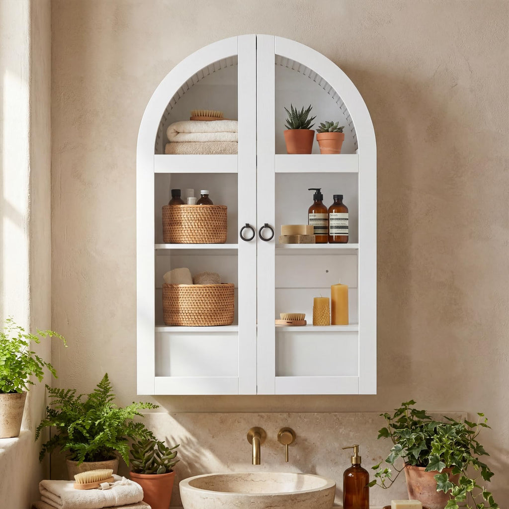 White Arched Bathroom Wall Cabinet with Tempered Glass Door and Adjustable Shelf F137