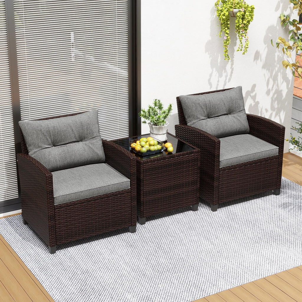 3 Pieces PE Rattan Wicker Outdoor Sofa Set with Cushion and Tempered Glass Tabletop W747