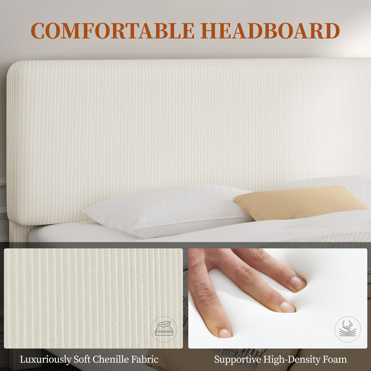 Twin Bed Frame with Adjustable Chenille Upholstered Headboard, Beige F63374
