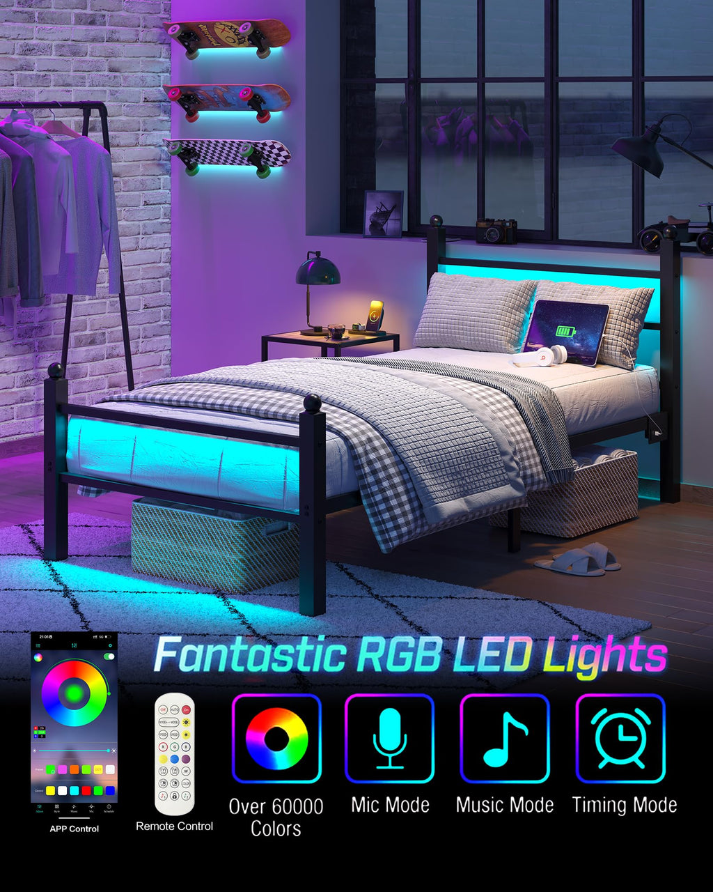 Black Twin Bed Frame with LED Lights and Charging Station E1038