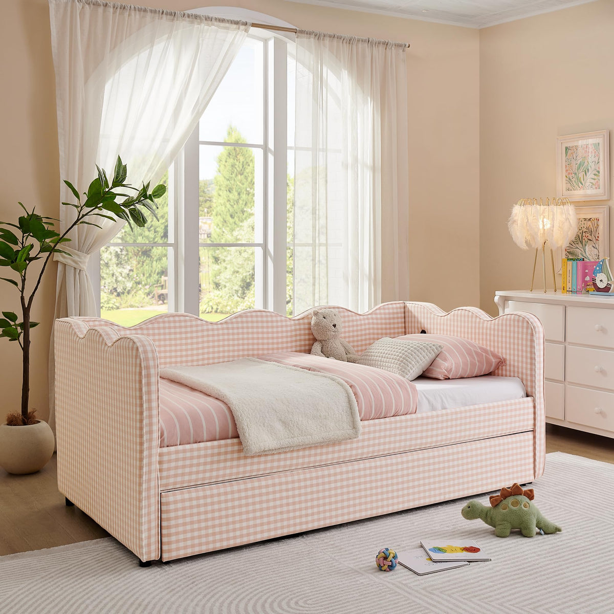 Pink Twin Size Gingham Daybed with Trundle A570