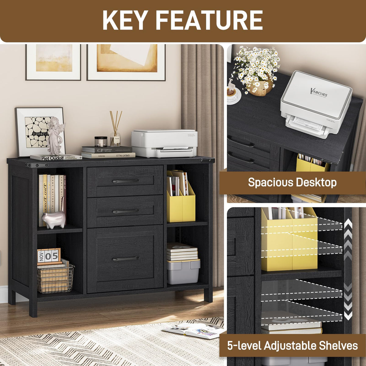 Black 3 Drawer Wood File Cabinet with Adjustable Shelves Z504253