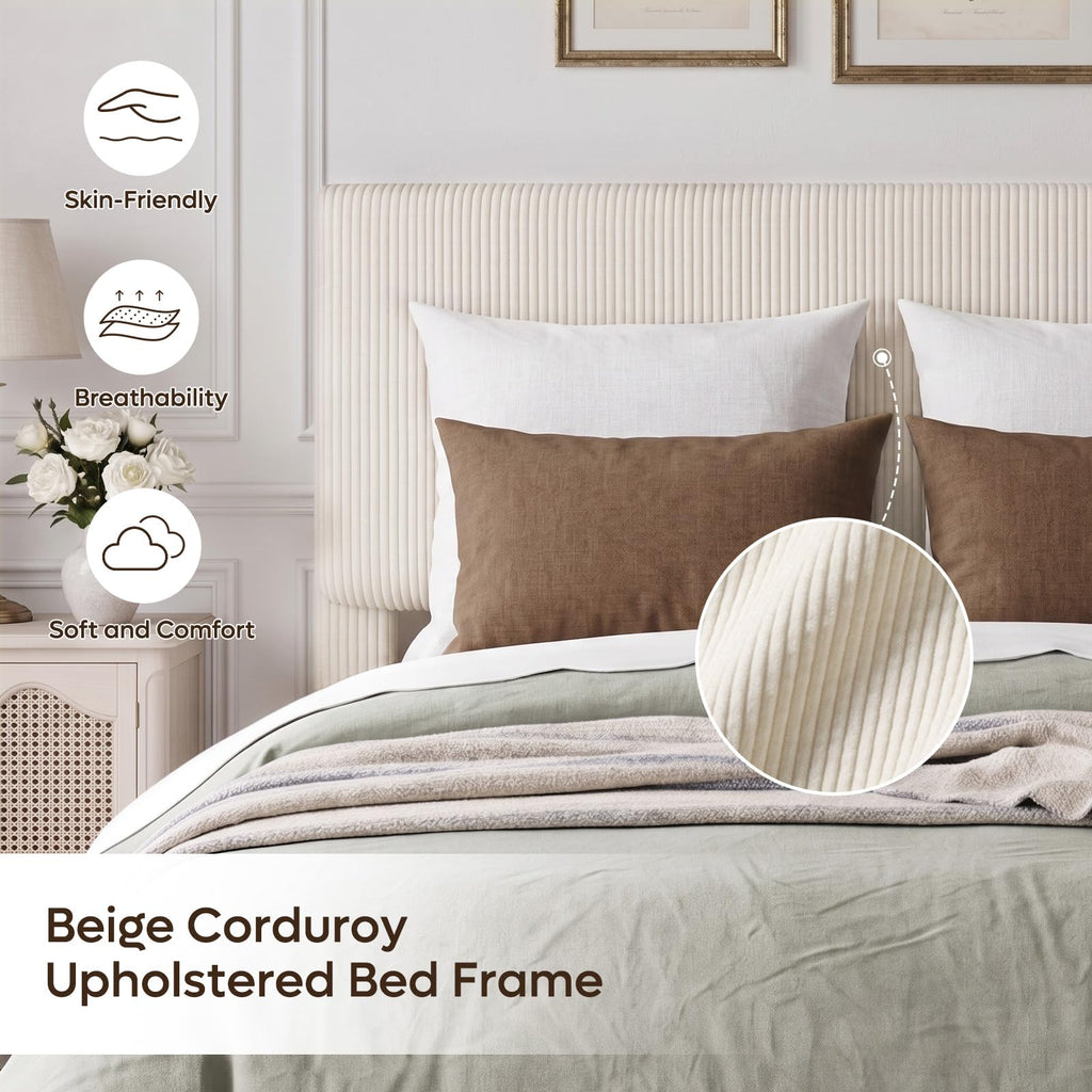 Queen Bed Frame with Headboard LED Lighting, Upholstered, Beige I4982