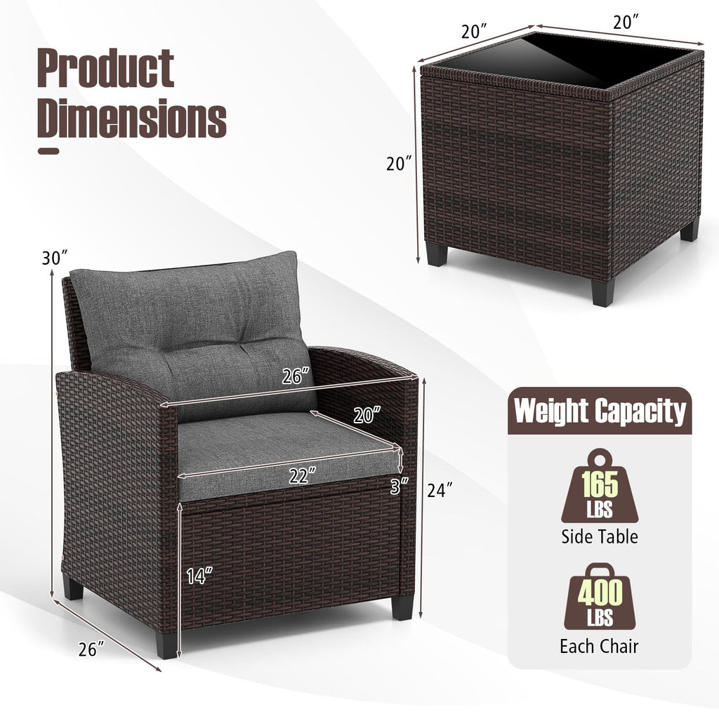 3 Pieces PE Rattan Wicker Outdoor Sofa Set with Cushion and Tempered Glass Tabletop W747