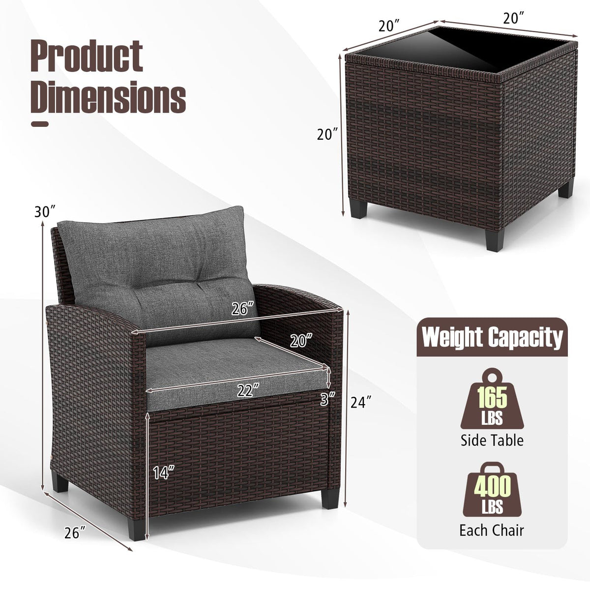 3 Pieces PE Rattan Wicker Outdoor Sofa Set with Cushion and Tempered Glass Tabletop W747