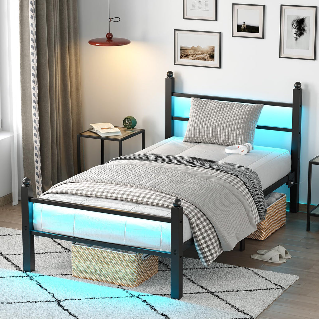 Black Twin Bed Frame with LED Lights and Charging Station E1038