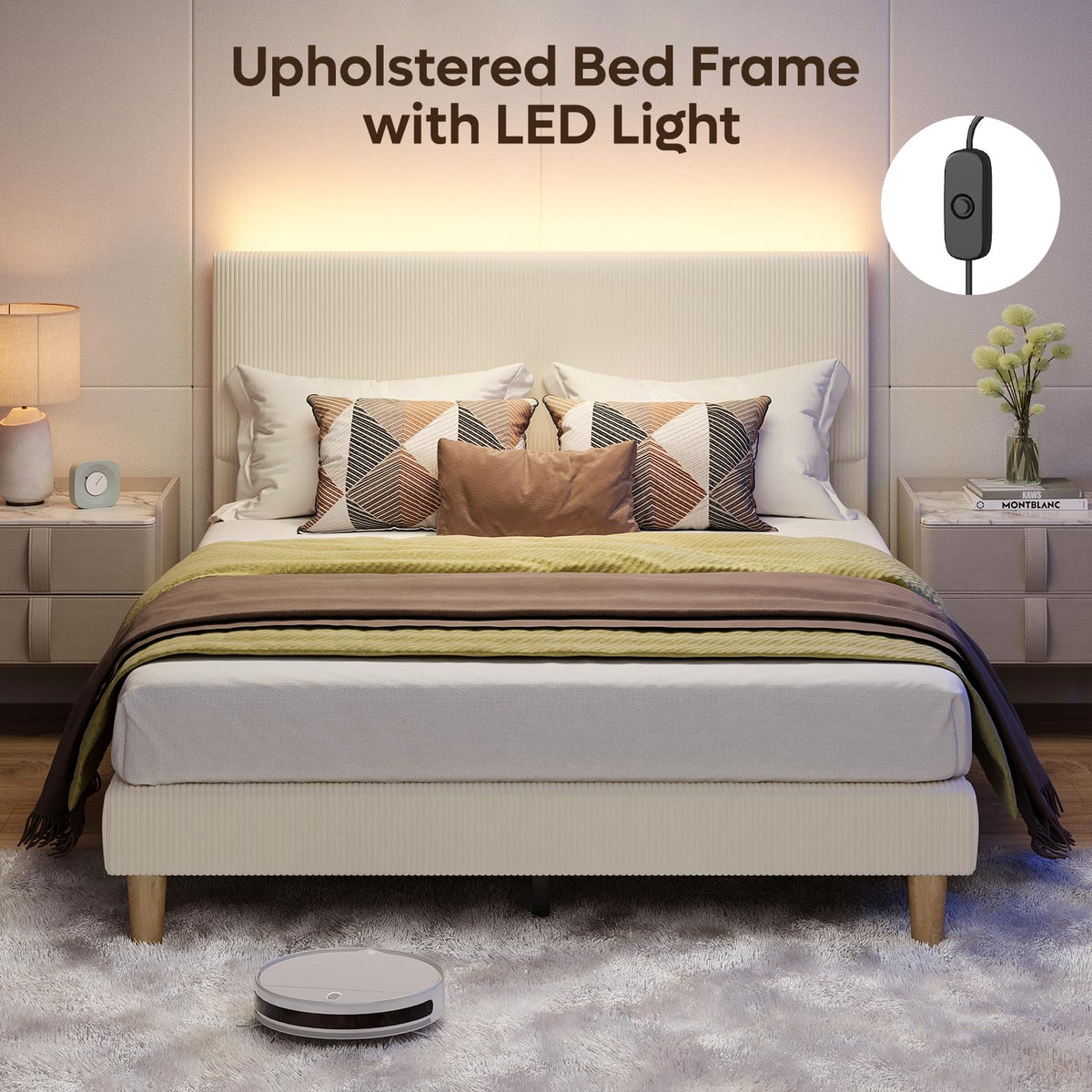Queen Bed Frame with Headboard LED Lighting, Upholstered, Beige I4982