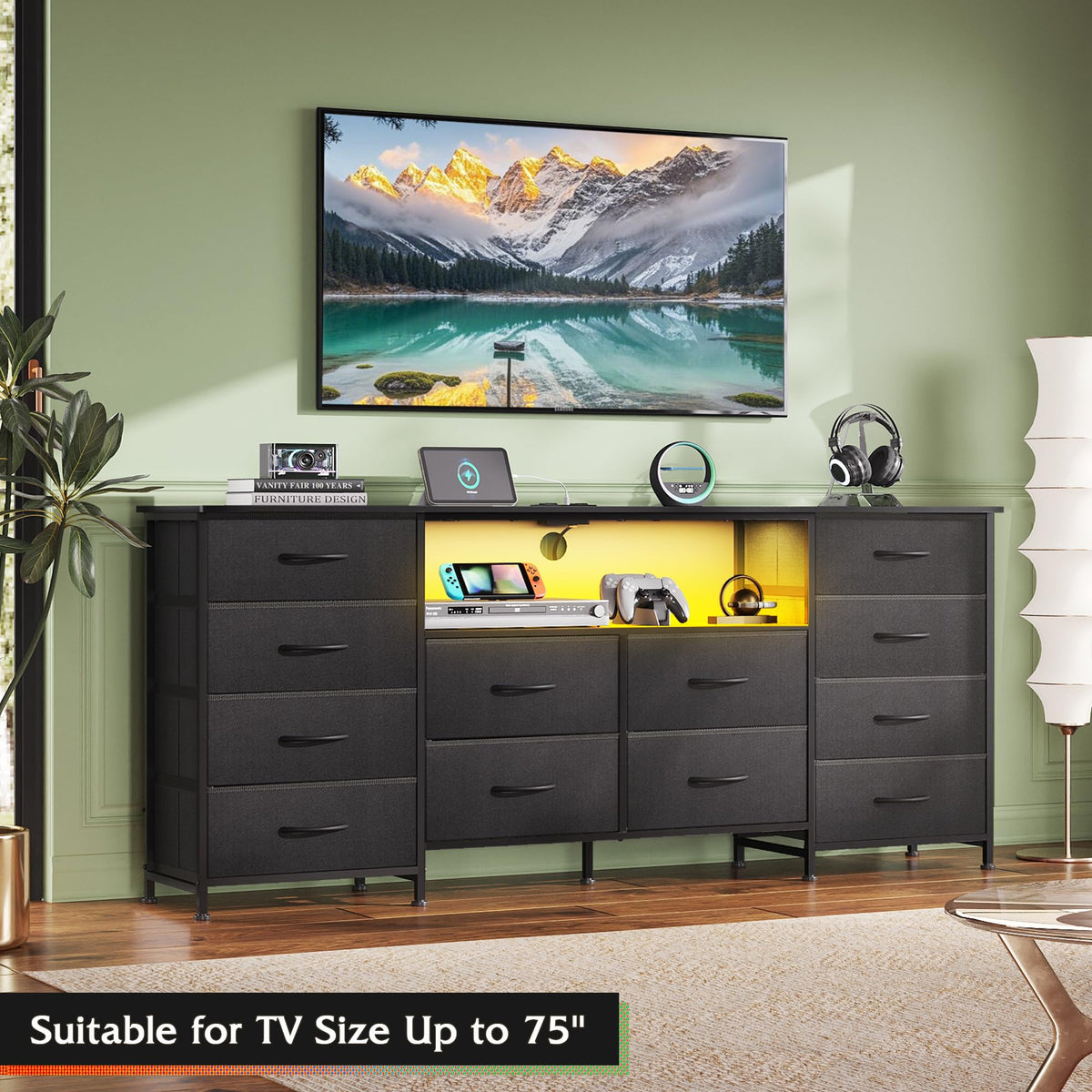 Black 12 Drawer LED Dresser TV Stand N686
