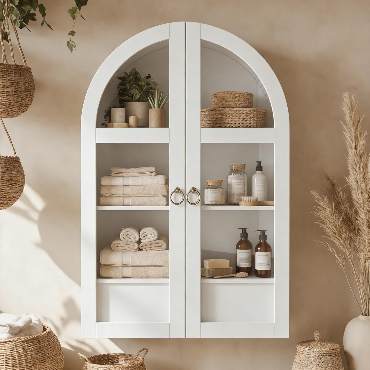 White Arched Bathroom Wall Cabinet with Tempered Glass Door and Adjustable Shelf F137