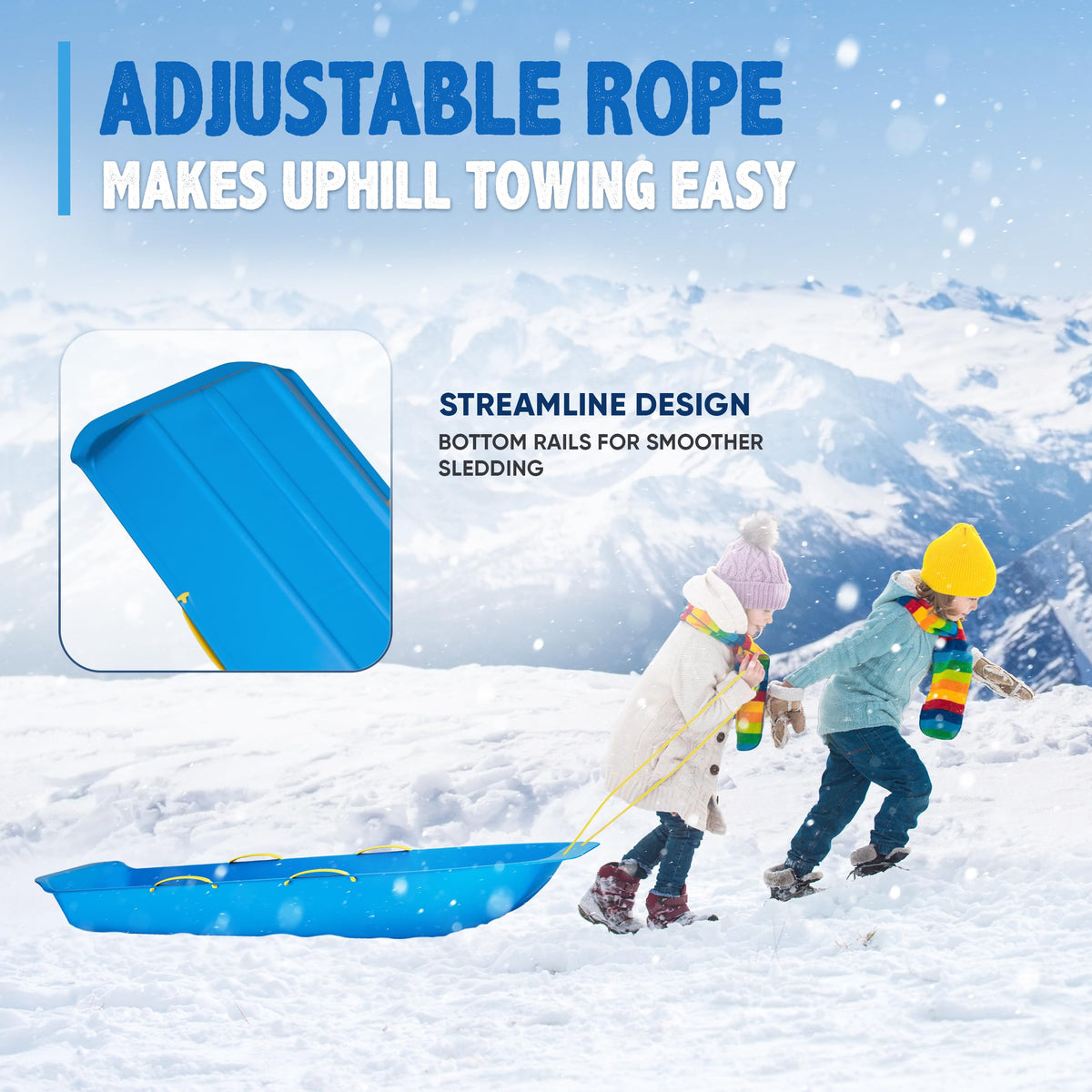 47.5" High-Density Plastic Toboggan Sled with Handles and Pull Rope G29780
