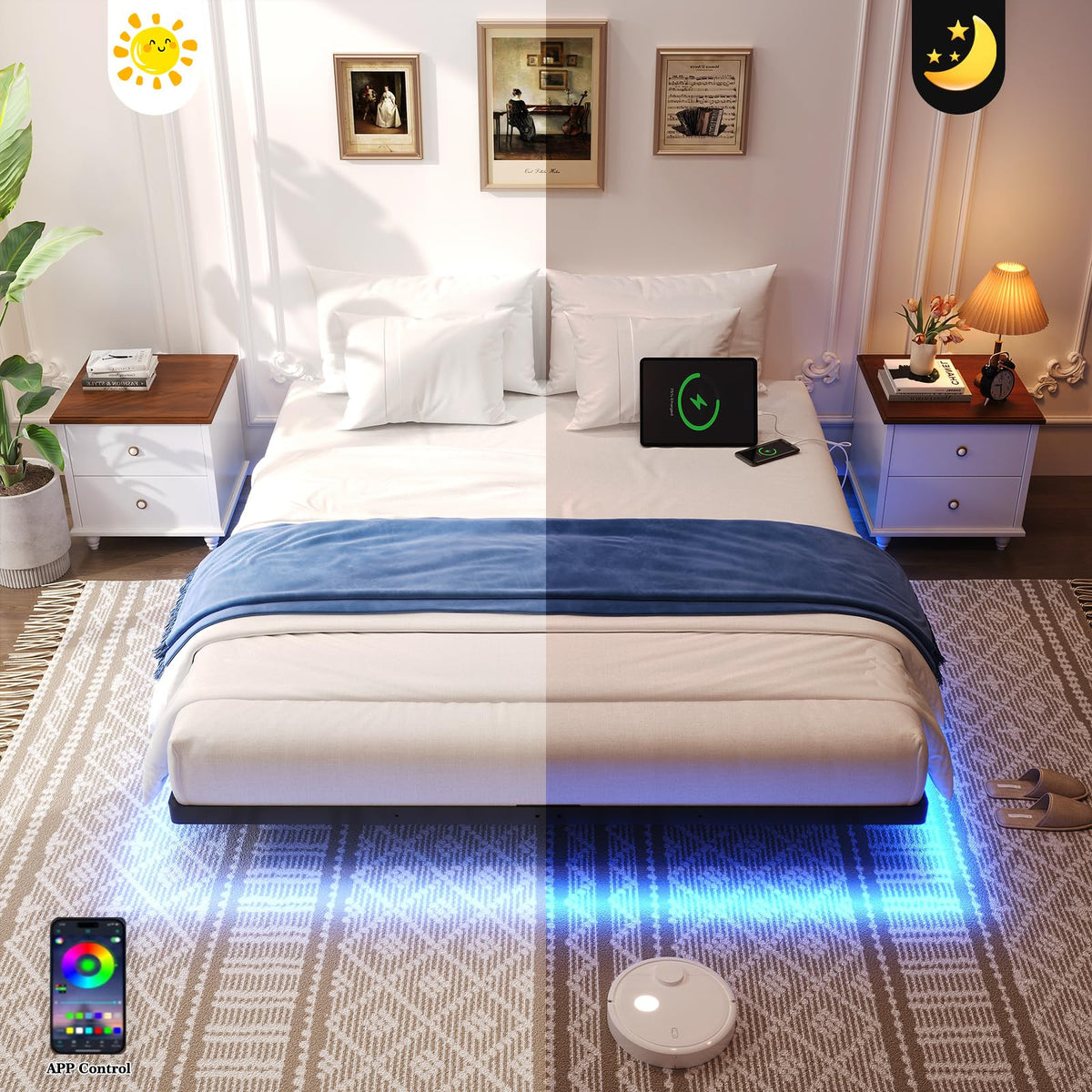Full Size Metal Floating Bed Frame with LED Lights K942