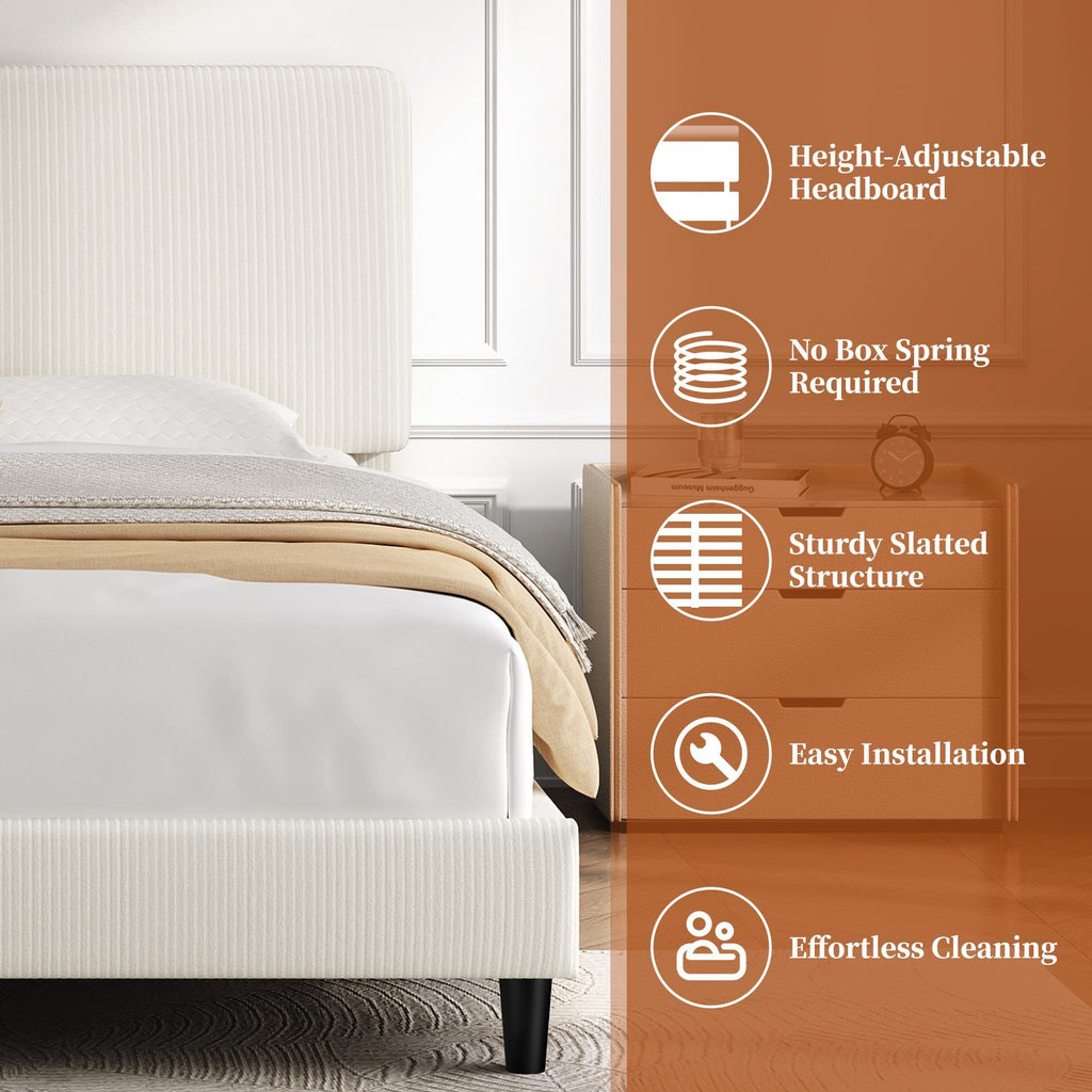 Twin Bed Frame with Adjustable Chenille Upholstered Headboard, Beige F63374