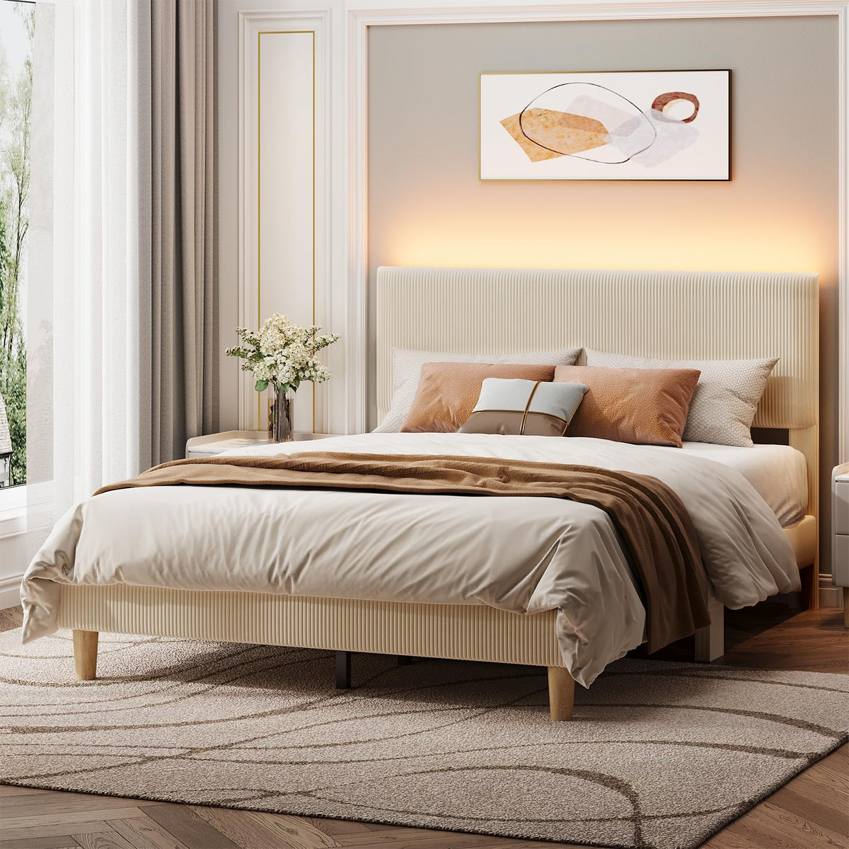 Queen Bed Frame with Headboard LED Lighting, Upholstered, Beige I4982