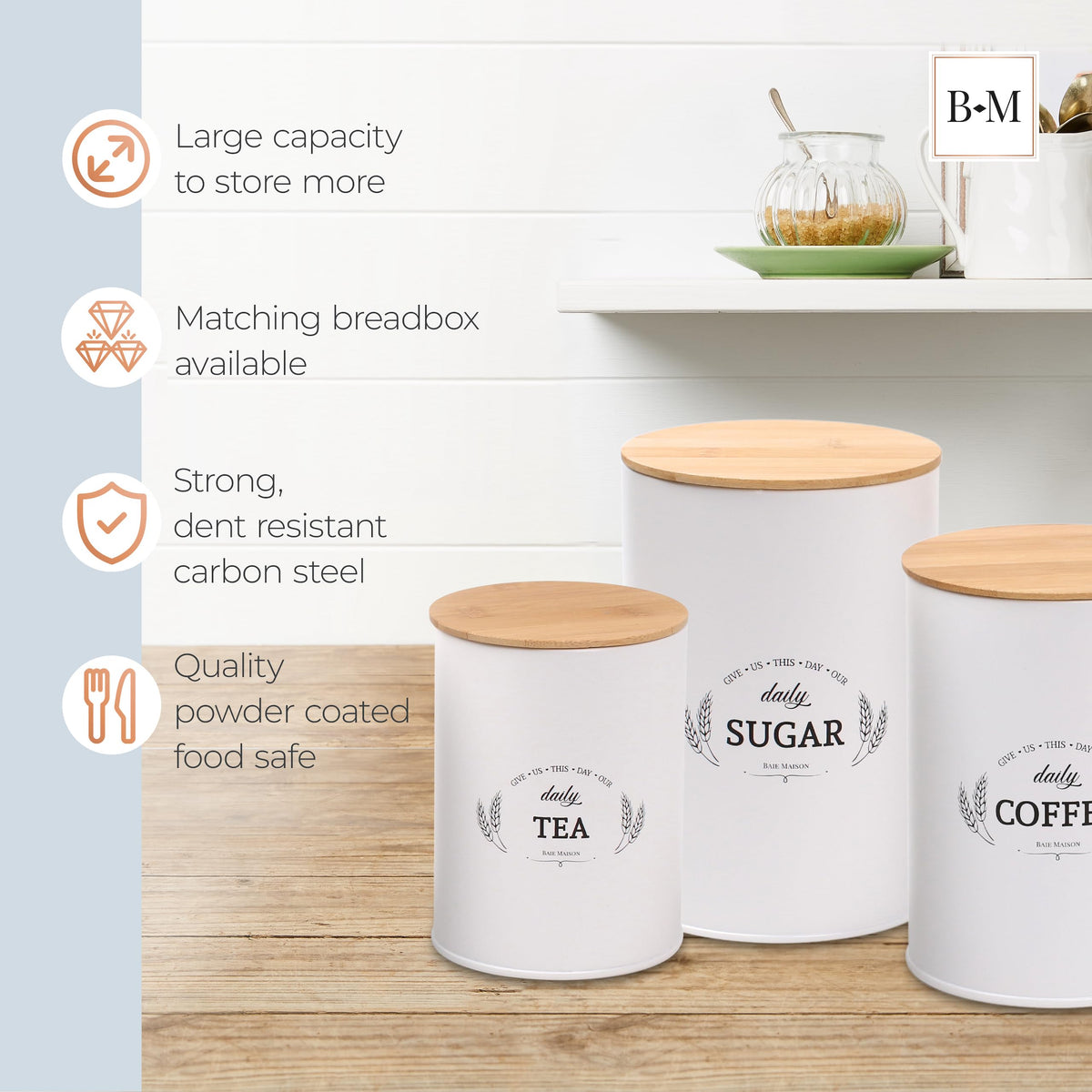 Extra Large White Farmhouse Bread Box with Canisters Set of 3 E879989