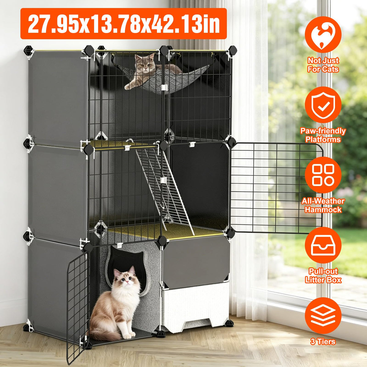 3-Tier Cat Cage with Litter Box, Hammock & Ladders H419