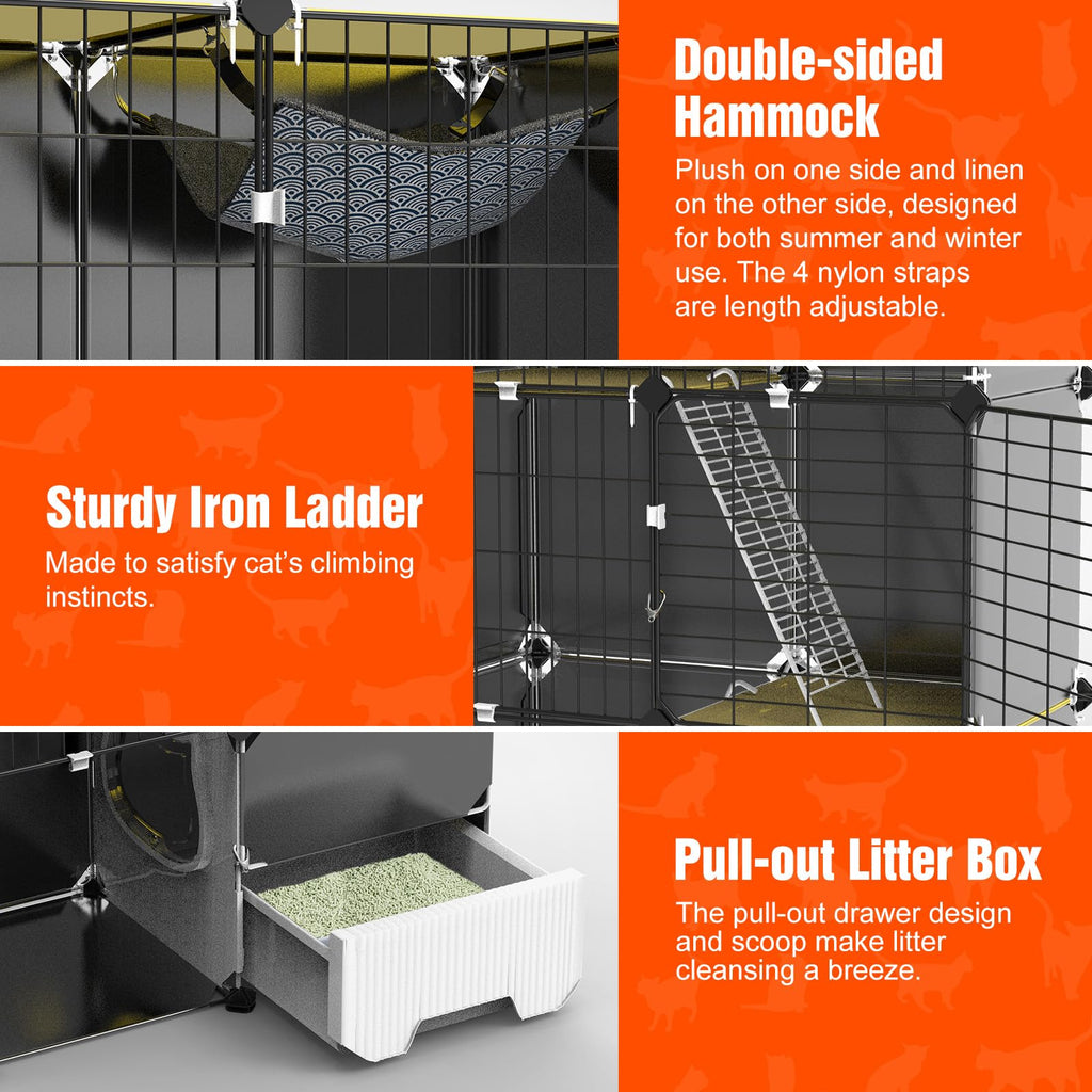 3-Tier Cat Cage with Litter Box, Hammock & Ladders H419