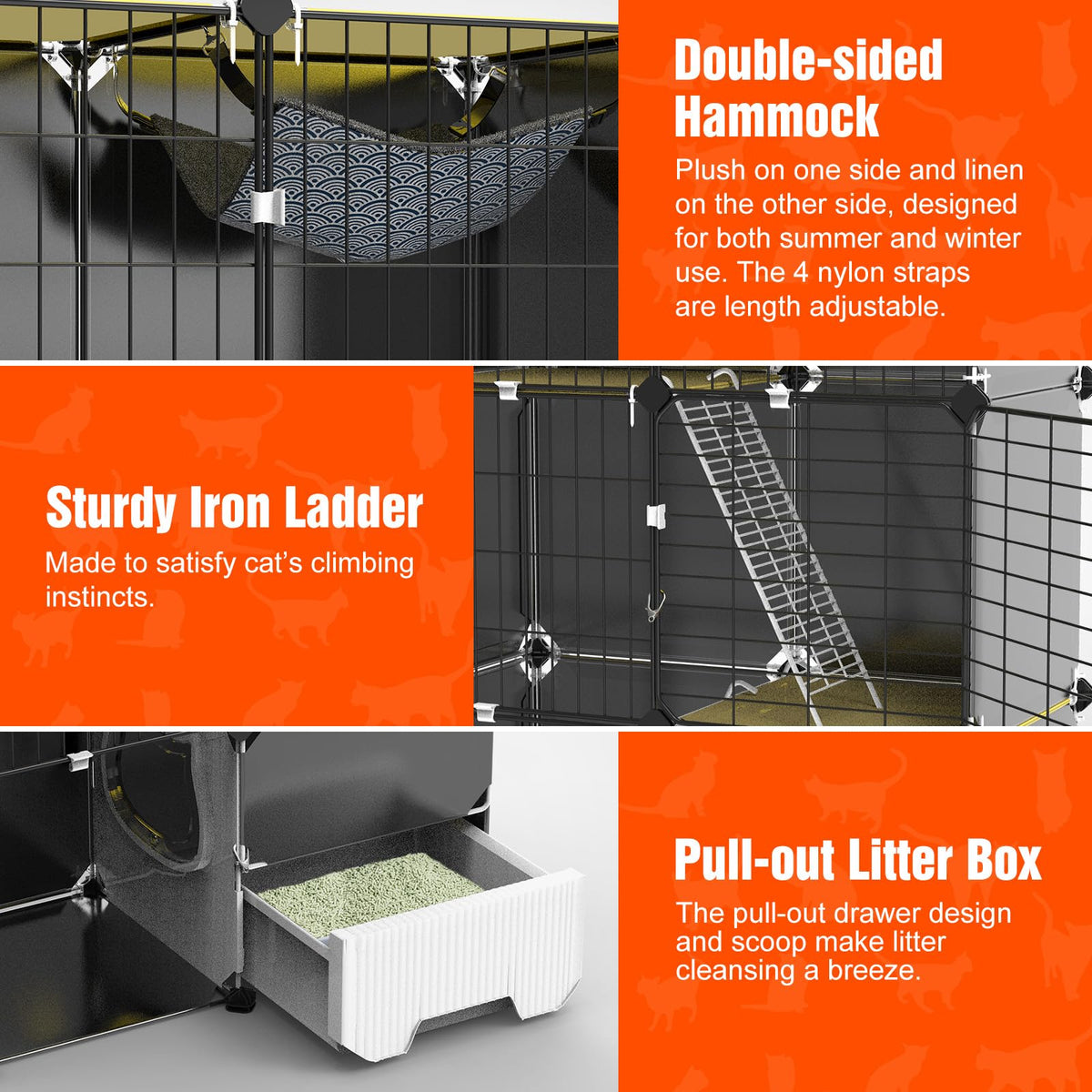 3-Tier Cat Cage with Litter Box, Hammock & Ladders H419
