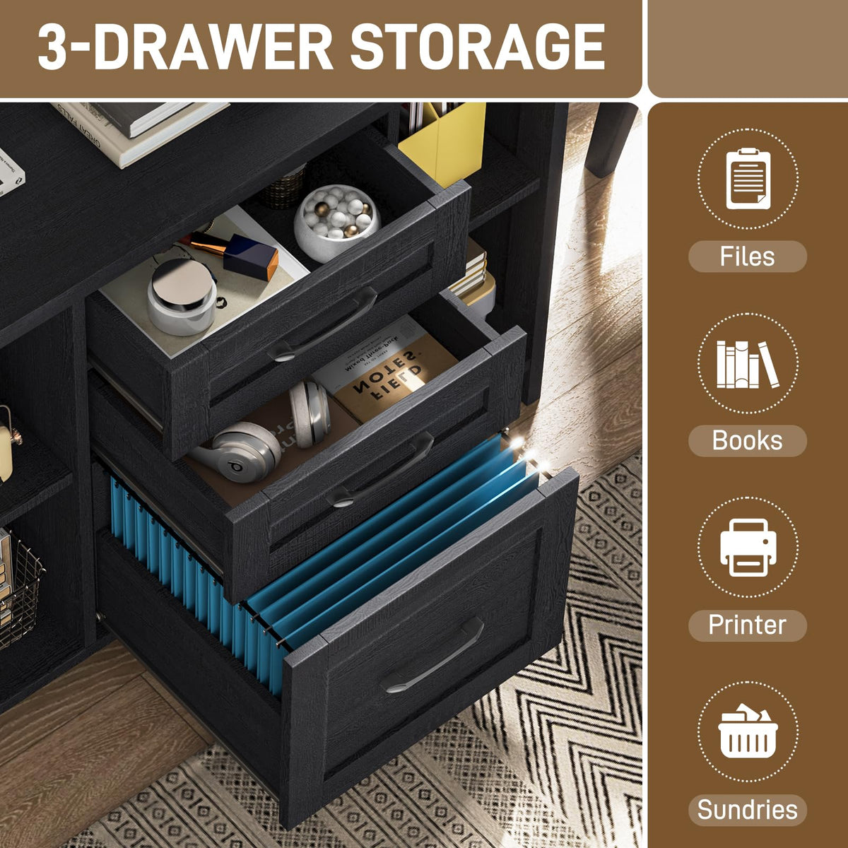 Black 3 Drawer Wood File Cabinet with Adjustable Shelves Z504253