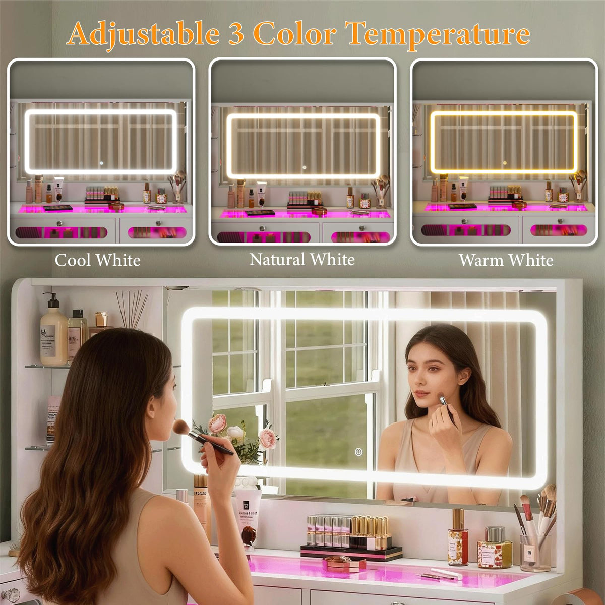 White Makeup Vanity with Mirror and Lights, 8 Drawers and Stool C23521