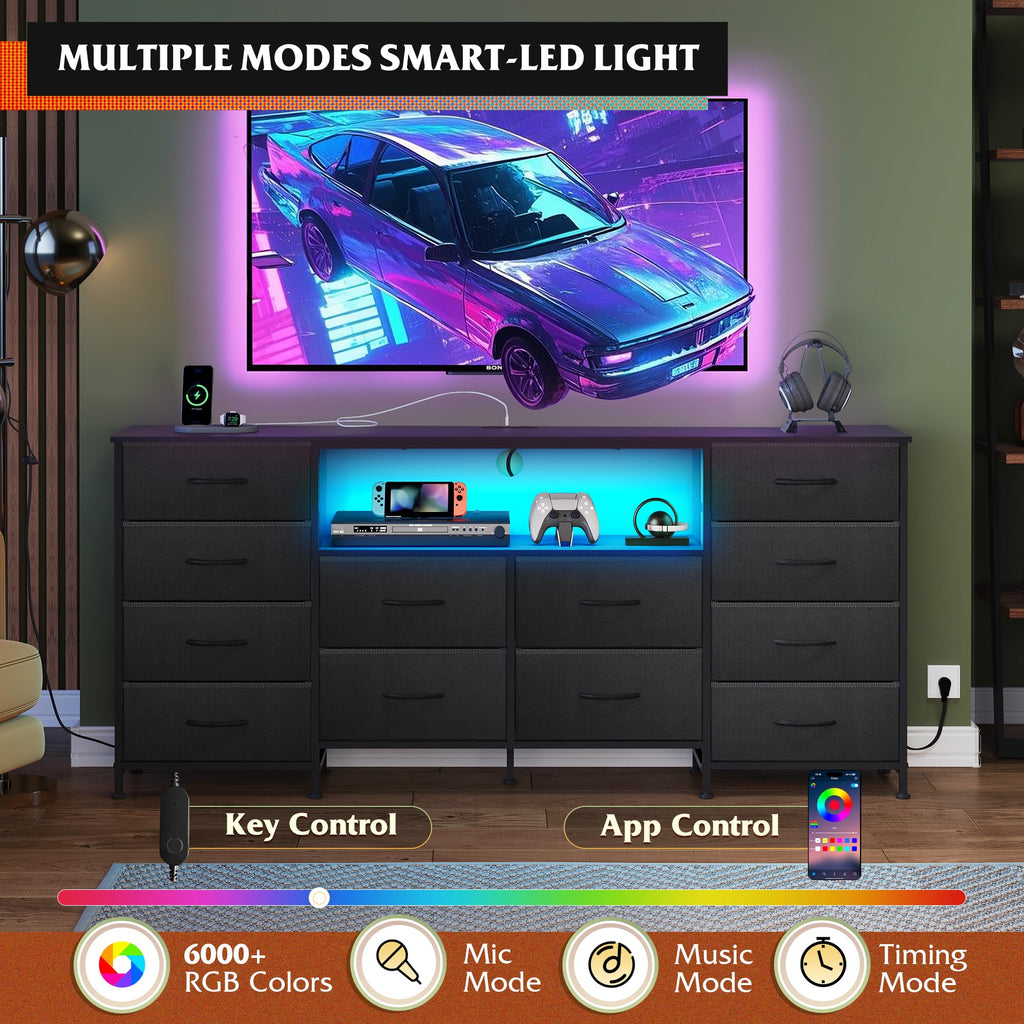 Black 12 Drawer LED Dresser TV Stand N686