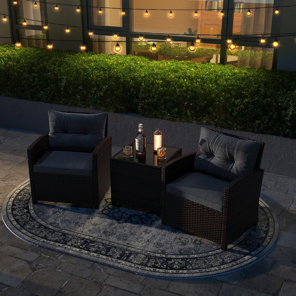 3 Pieces PE Rattan Wicker Outdoor Sofa Set with Cushion and Tempered Glass Tabletop W747