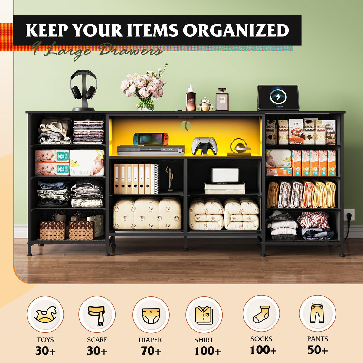 Black 12 Drawer LED Dresser TV Stand N686