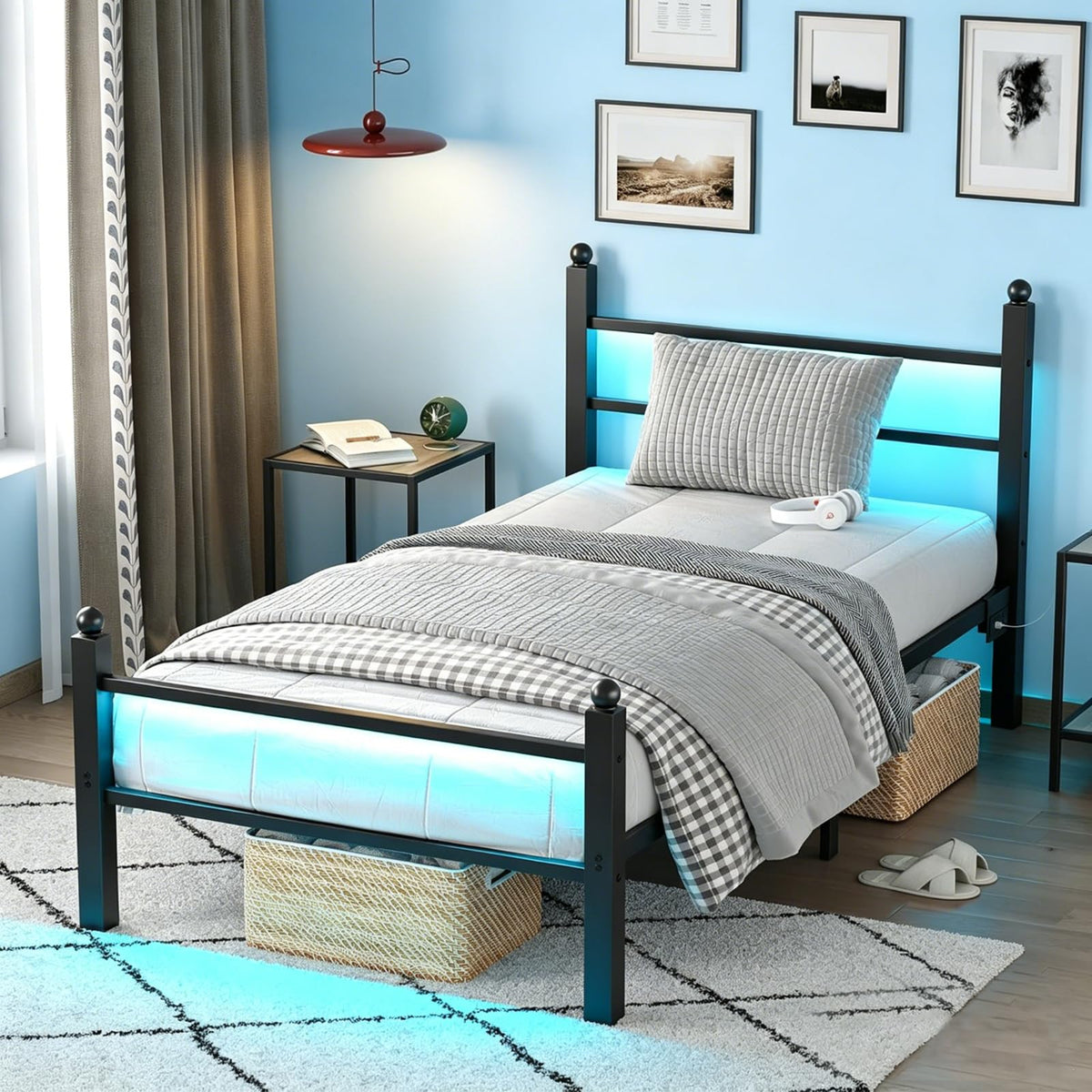 Black Twin Bed Frame with LED Lights and Charging Station E1038