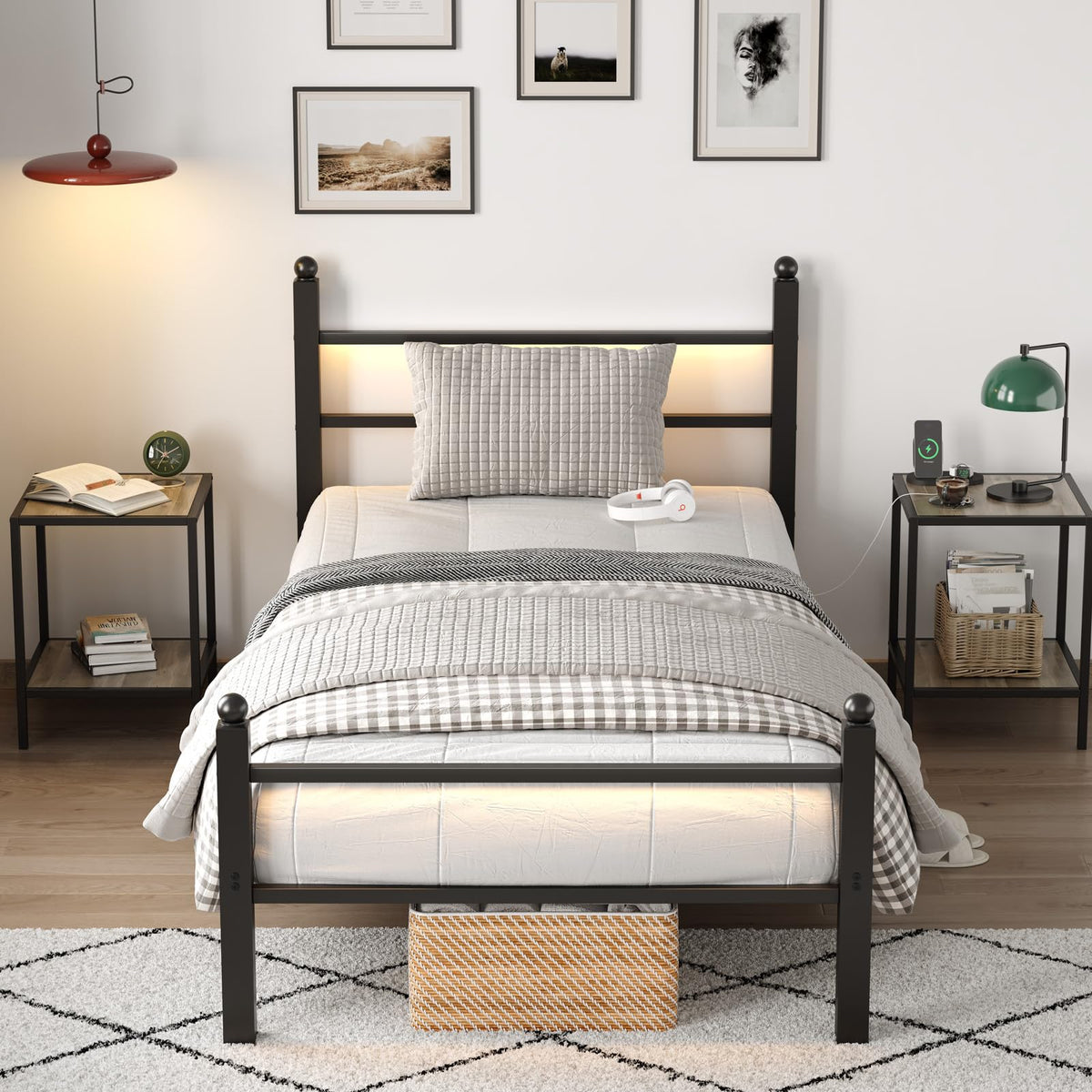 Black Twin Bed Frame with LED Lights and Charging Station E1038