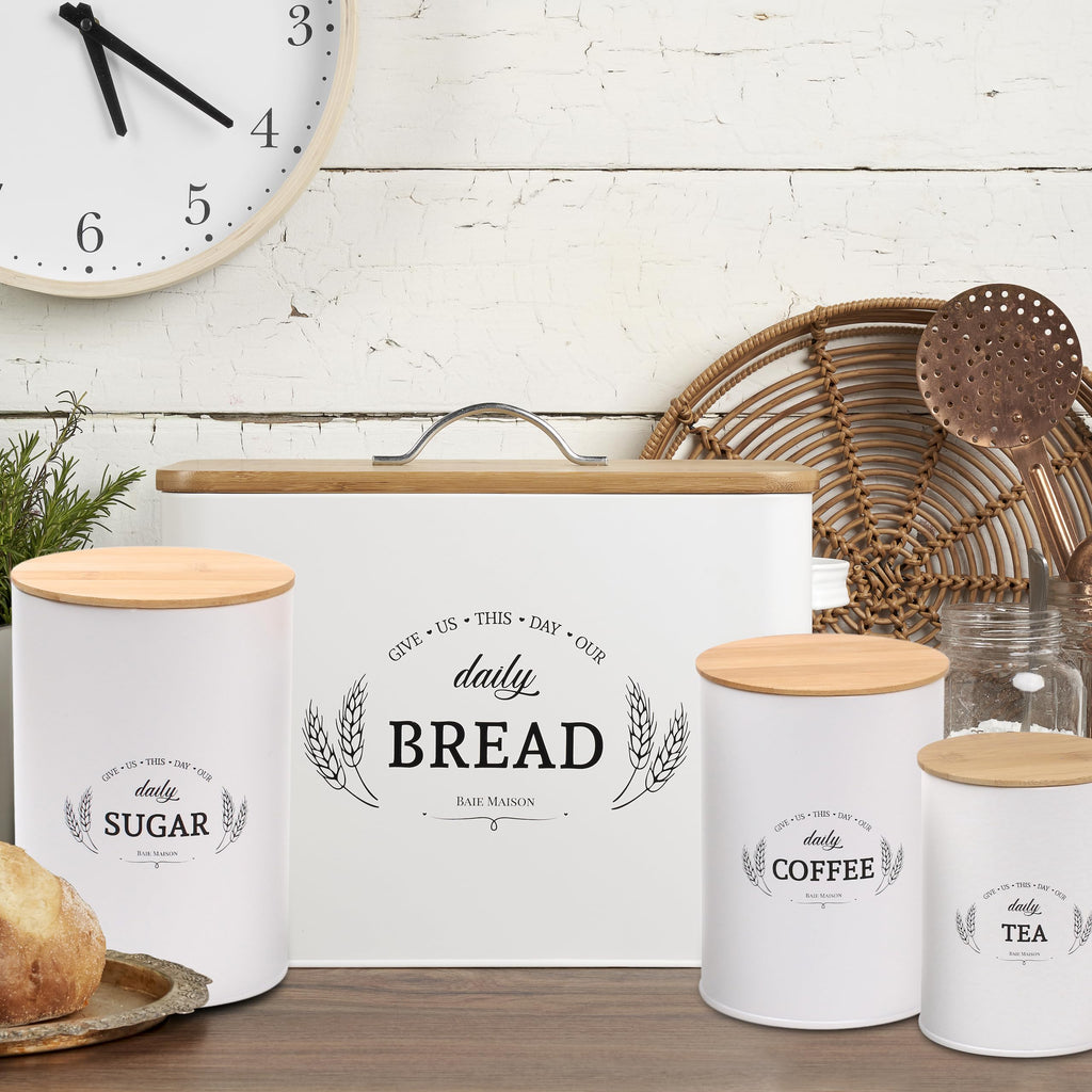 Extra Large White Farmhouse Bread Box with Canisters Set of 3 E879989