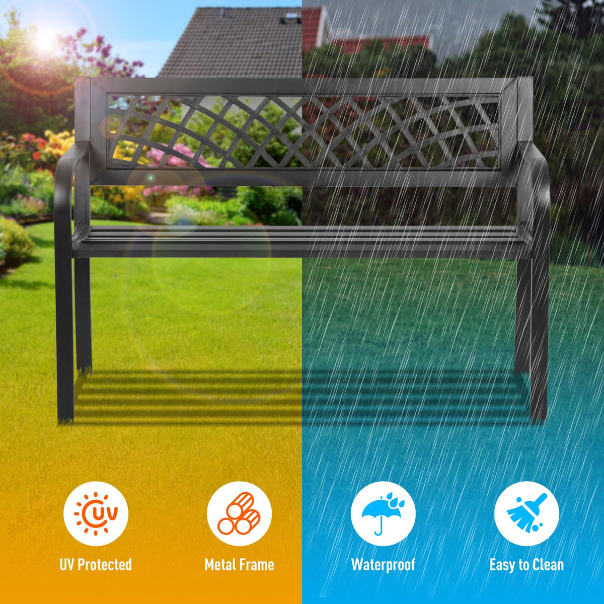 Black Iron Steel Outdoor Bench with Backrest and Armrests A11070