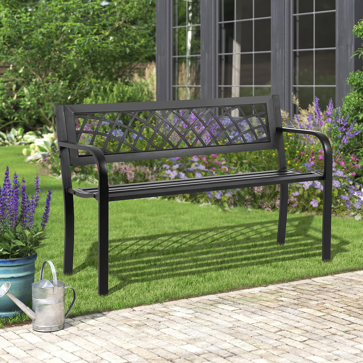 Black Iron Steel Outdoor Bench with Backrest and Armrests A11070