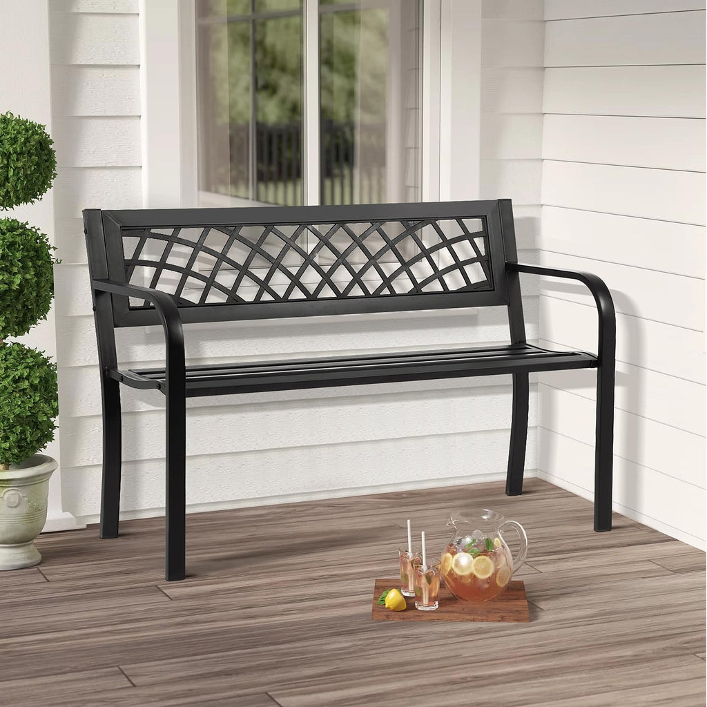 Black Iron Steel Outdoor Bench with Backrest and Armrests A11070