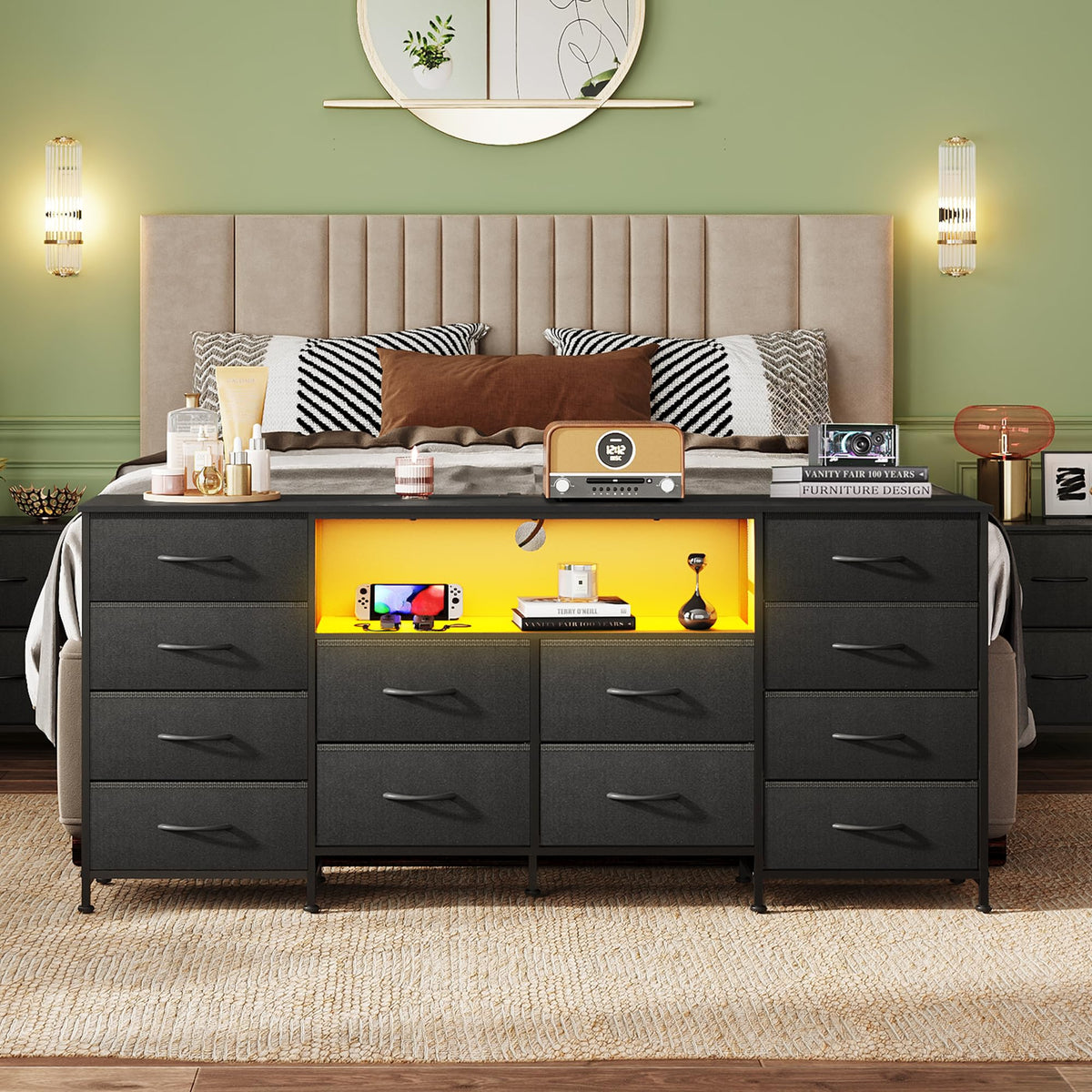 Black 12 Drawer LED Dresser TV Stand N686