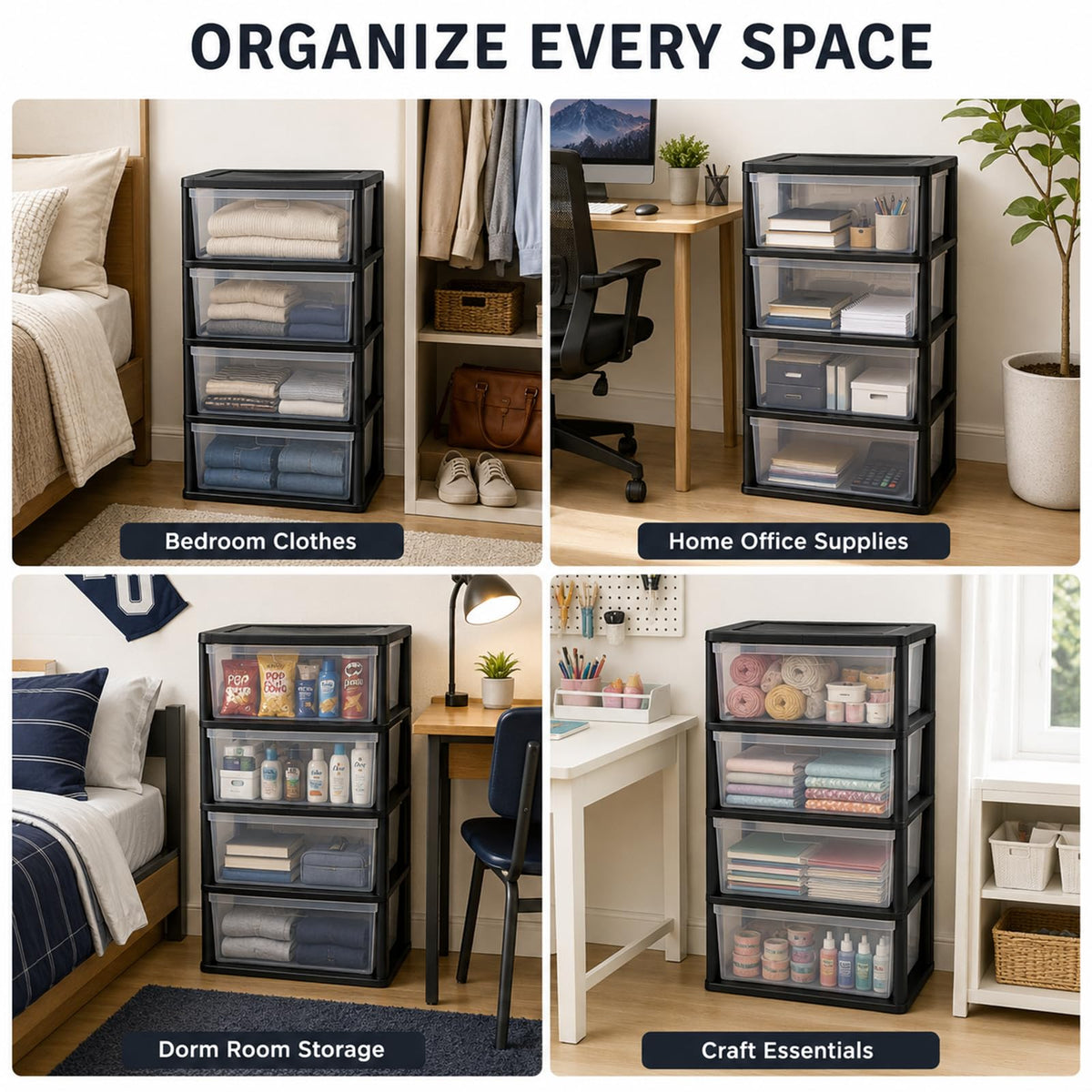 Wide 4 Drawer Plastic Storage Tower Organizer S946