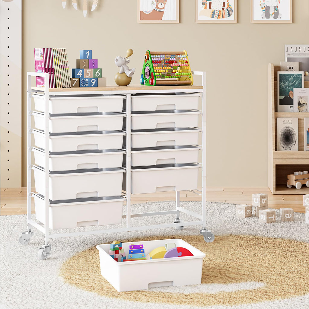 White 12 Drawers Rolling Storage Cart with Wooden Top Z715739